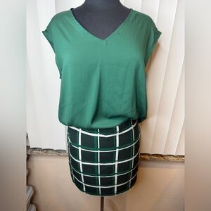 Sisley Green Polyester V-neck Top Green Black Plaid Dress One Piece